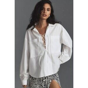 Mother The Roomie Lace-Up Long Sleeve White Cotton Oversized Shirt Top Size XS